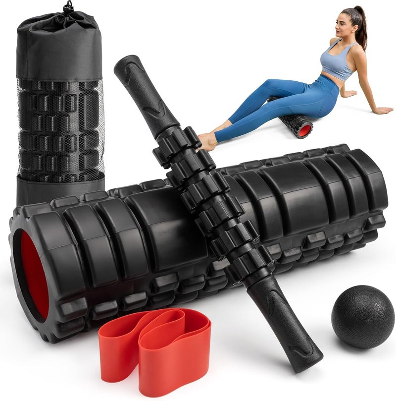 Krightlink 5-in-1 Foam Roller Set, Massage Roller Stick, Massage Ball, Resistance Band for Deep Muscle Massage, Trigger Point Release, Pilates, Yoga (Black-18(5 in 1)) - Image 1